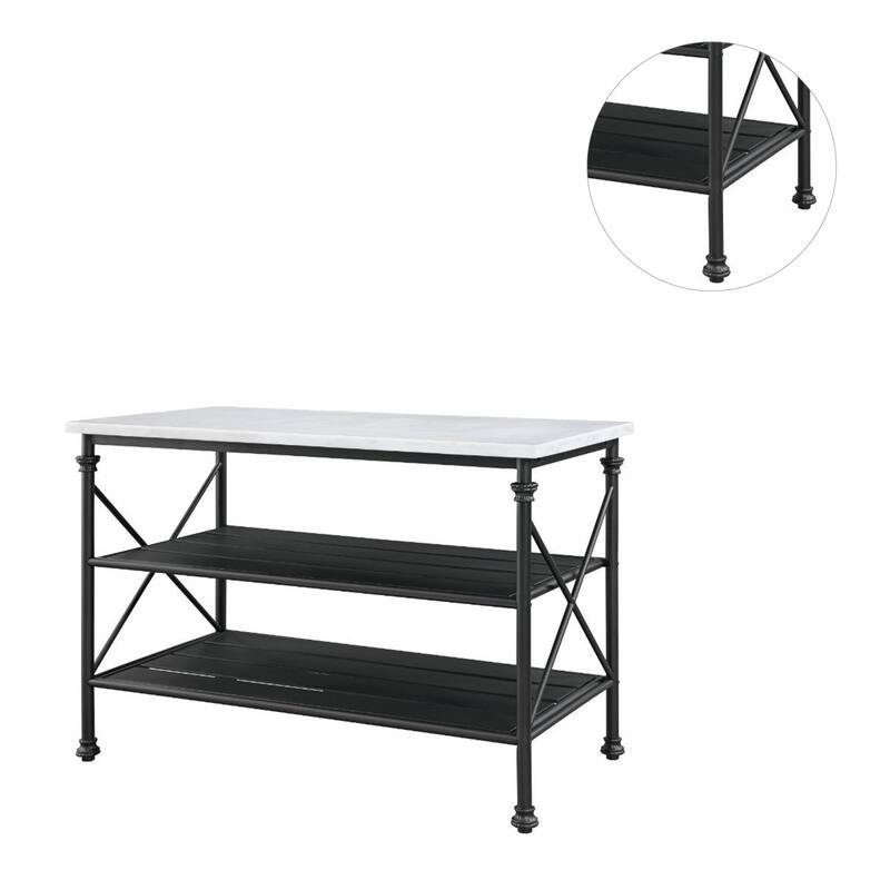 2 Open Shelves Kitchen Island with Marble Top in White and Gray