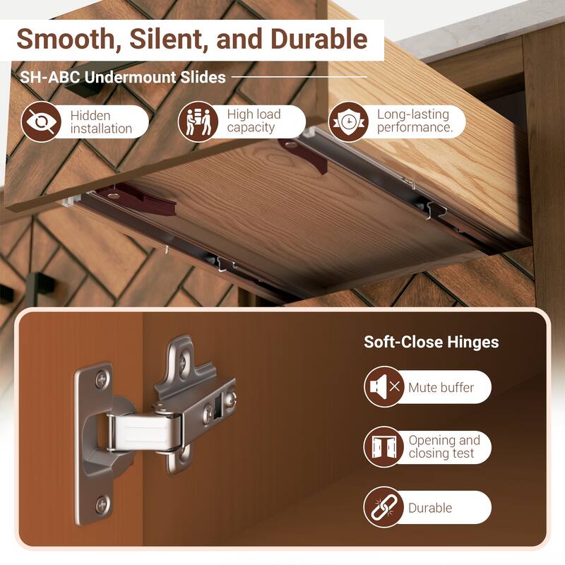 84" Freestanding Bathroom Vanity with Engineered Stone Top, Ceramic Double-Sink, Built-In Power Outlet, and Hair Dryer Storage
