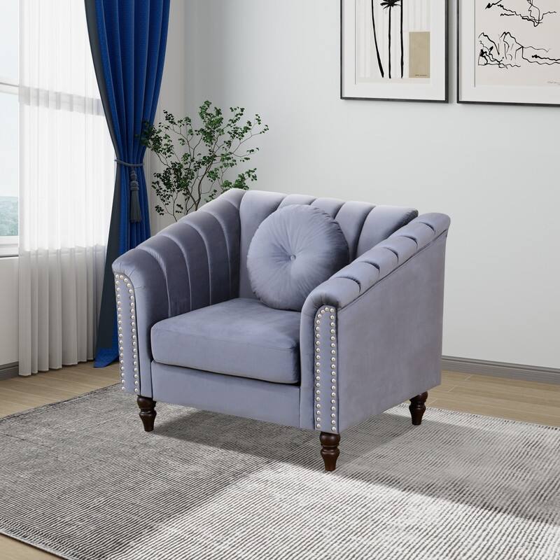 Modern Upholstered Single Sofa with Ergonomic Back & Solid Wood Legs