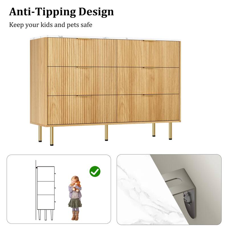 6 Drawer Fluted Dresser for Bedroom, Modern Wooden Storage Chest with Gold Handles