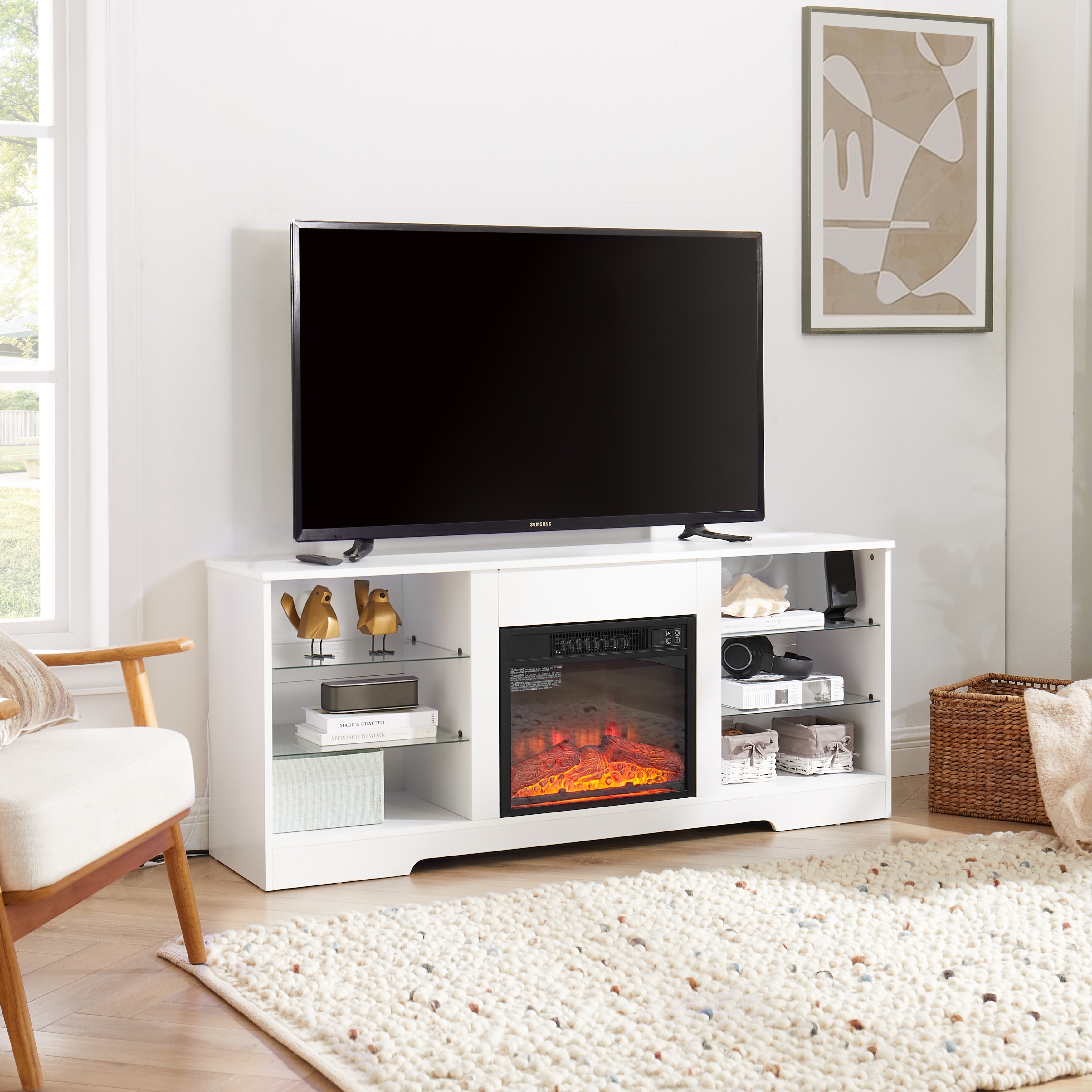GDFStudio Alveron Wood TV Stand with 3D Electric Fireplace and LED Lights