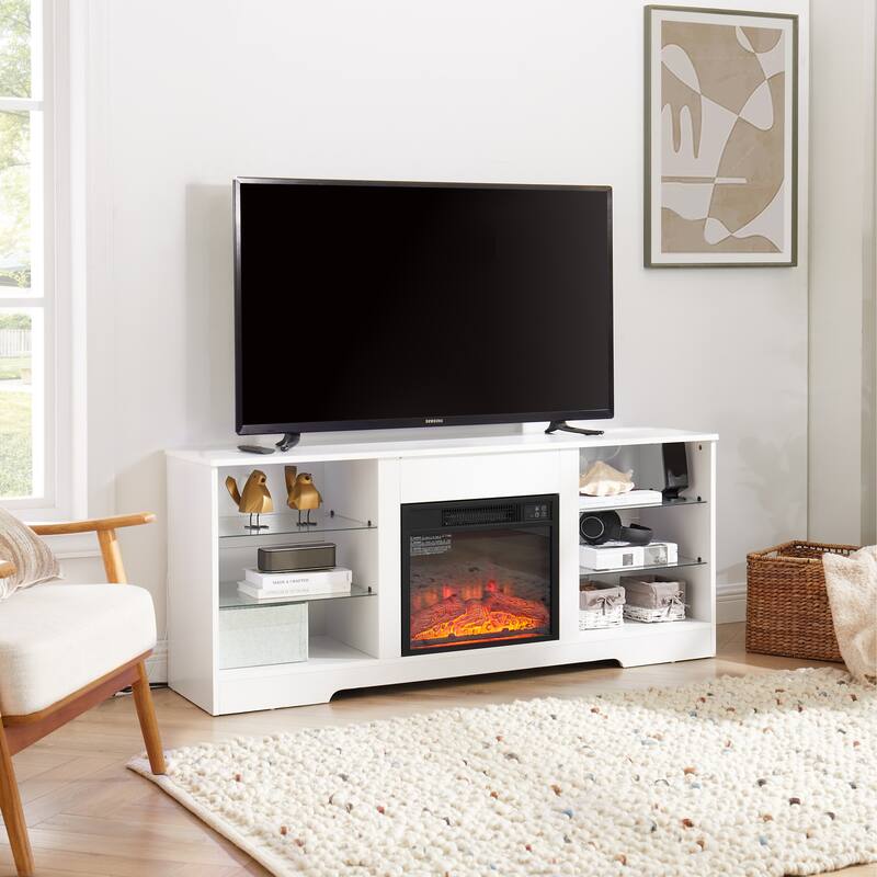 GDFStudio Alveron Wood TV Stand with 3D Electric Fireplace and LED Lights - White