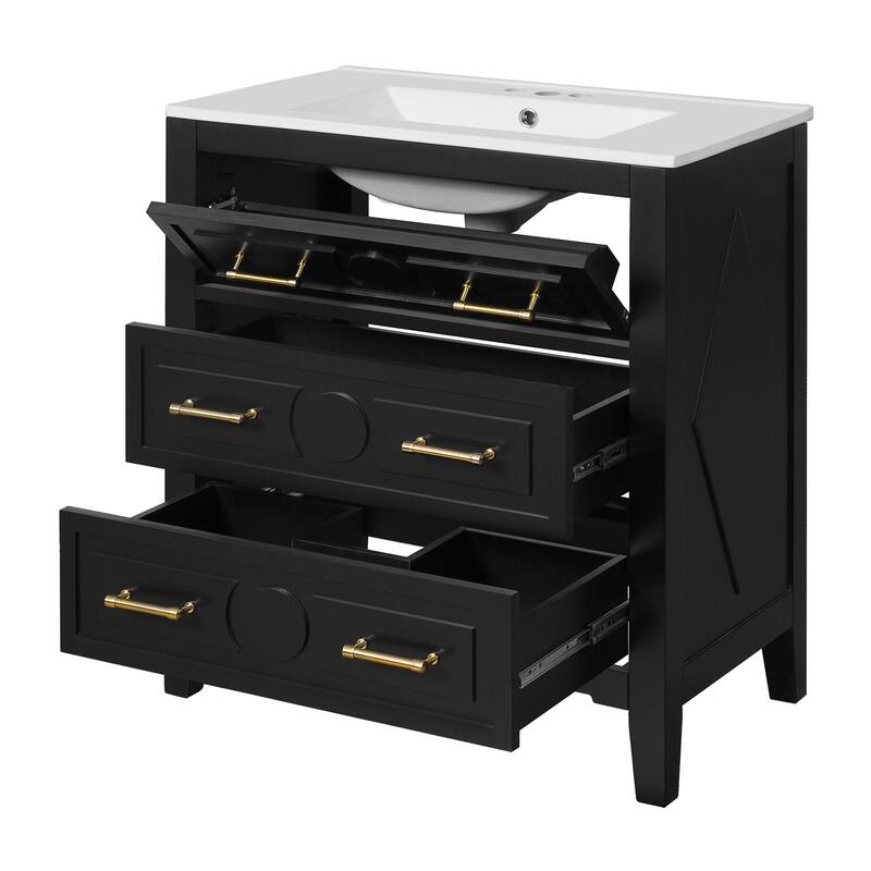 30'' Bathroom Vanity with Ceramic Sink Combo, Freestanding Bathroom Storage Cabinet with 3 Drawers
