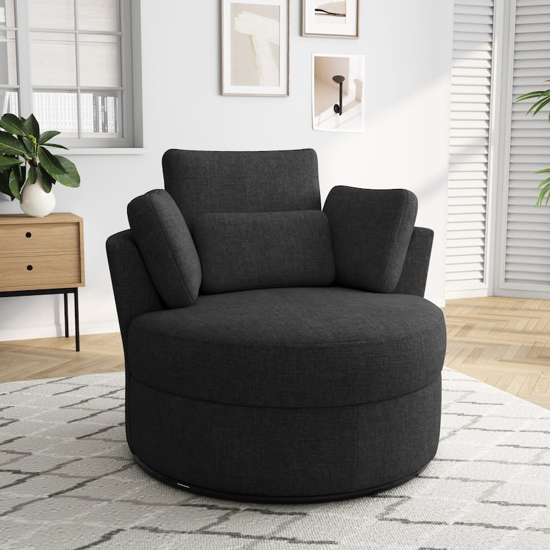 Upholstered Swivel Accent Chair with Wooden Tray Storage Ottoman