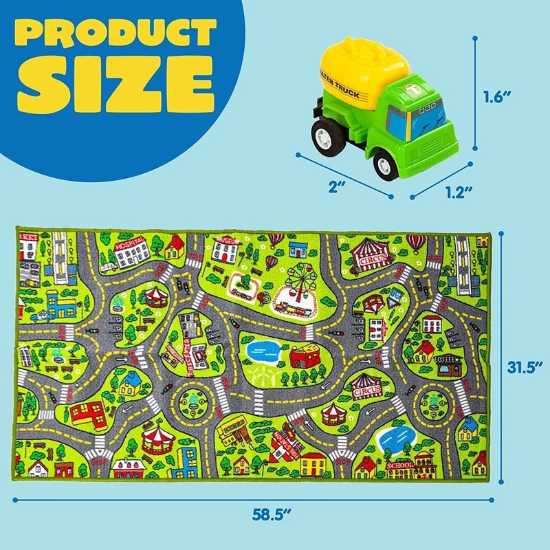 Kids Carpet Playmat Rugs - 12 Pull-Back Vehicle Set - Green