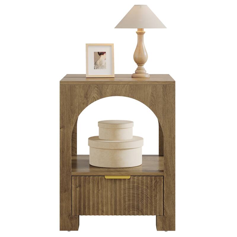 Wood Nightstand with Drawer & Open Shelf, 2-Tier Side Table, End Table, Bedside Table for Bedroom, Living Room