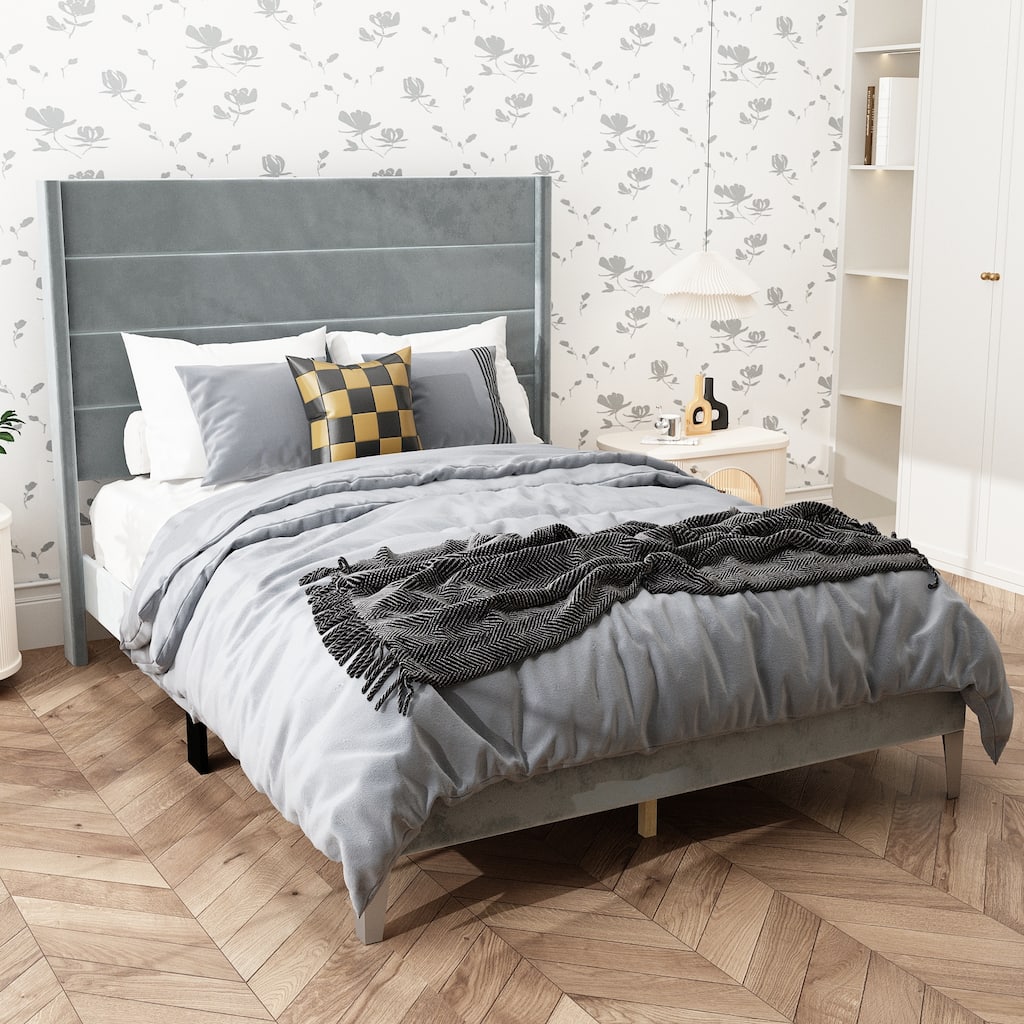 High Back Upholstered Platform Bed Frame,380gsm,TB117 Certified,Easy Detachable,Grey