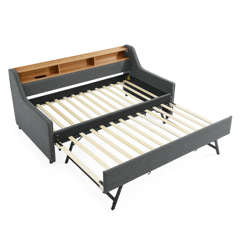 Roomfitters Twin Upholstered Daybed with LED Headboard Storage, Foldable-Leg Trundle & Wireless Charging