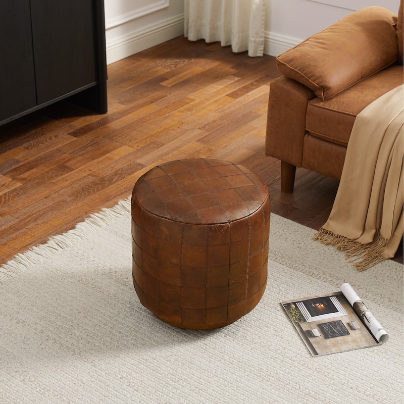 Art Leon Vintage Genuine Leather Ottoman Footstool with Checkered Stitching