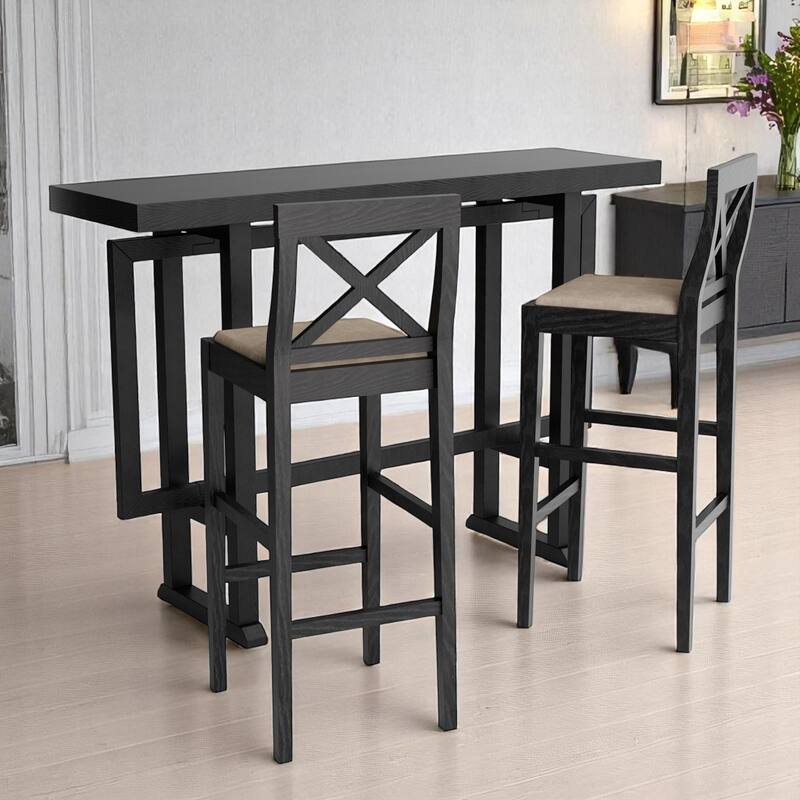 3-Piece High Top Bar Table and Chair Set, Solid Wood Frame Pub Table for Dining Room, Kitchen, 74" Rectangular Design