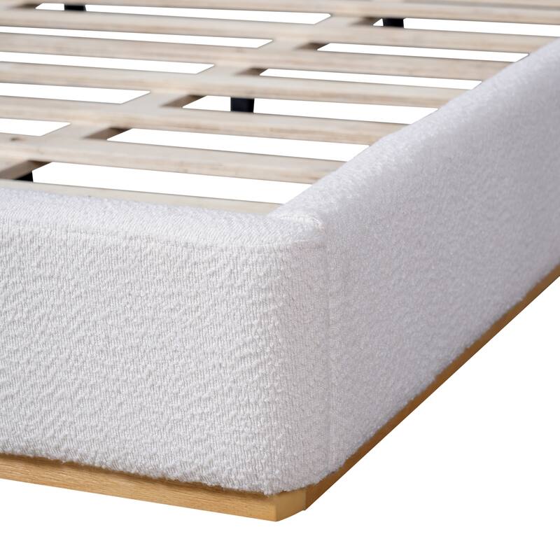 White Low Profile Platform Bed Ground Bed Boucle Frame with Upholstered Wingback Headboard