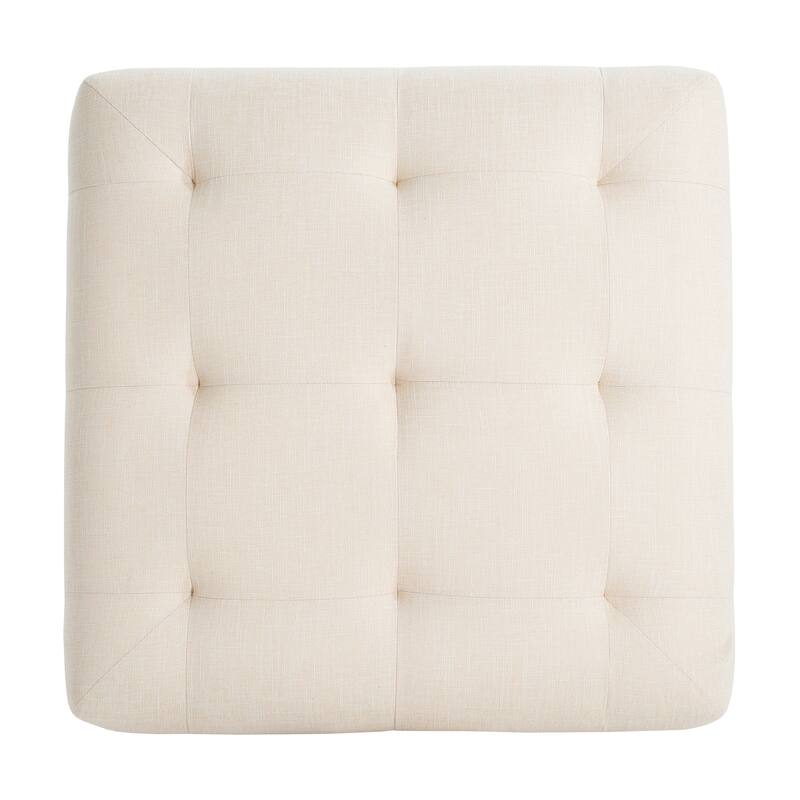 Roomfitters Square Upholstered Ottoman with Tufted Linen Fabric and Solid Wood Legs, Modern Accent Piece, Beige