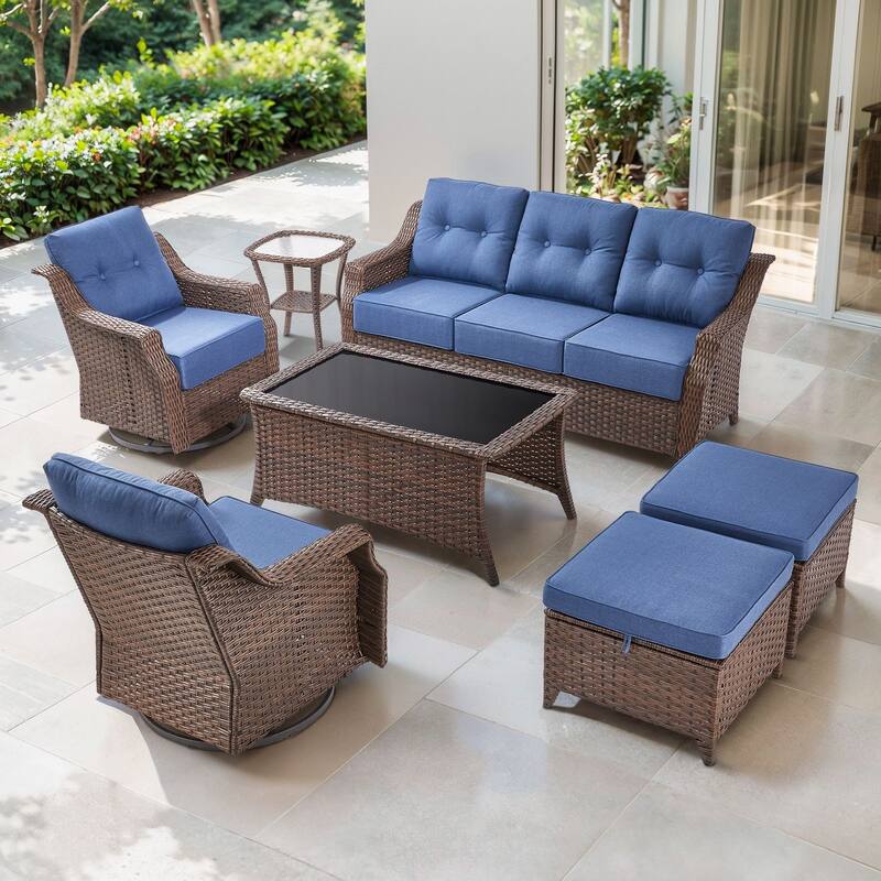Artisan Patio Brown Wicker Sofa Conversation Set with 6-Inch Thick Cushions - Navy Blue - 7-Piece