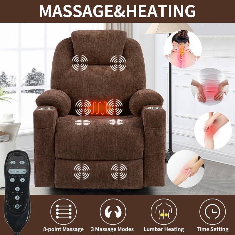 Heavy Duty Chenille Power Lift Recliner for Elderly with Massage, Heating, USB Ports and Cup Holders
