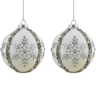 Set of 2 Matte White Sequin Glitter Snowflake Glass Christmas Ornaments ...