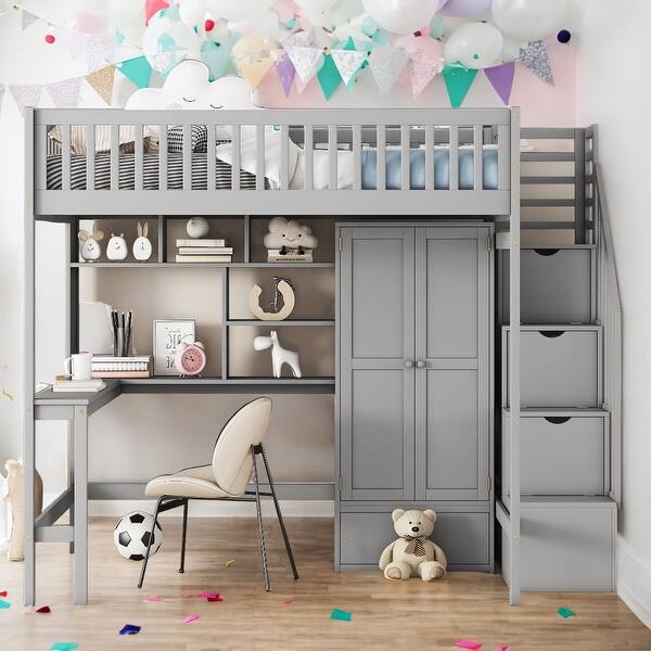 slide 2 of 11, Full size Loft Bed with Bookshelf,Drawers,Desk,and Wardrobe Grey