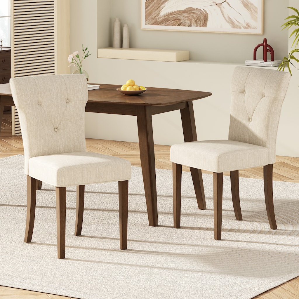 Modern 2 Piece Linen Button Dining Chairs with Cushions Wooden Legs for Dining Room Kitchen Living Room Bedroom
