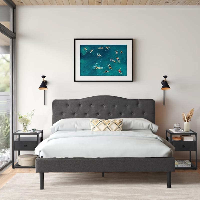Taomika 3-pieces Height Adjustable Upholstered Bed and Modern Tempered Glass Nightstands Set - Black - Full