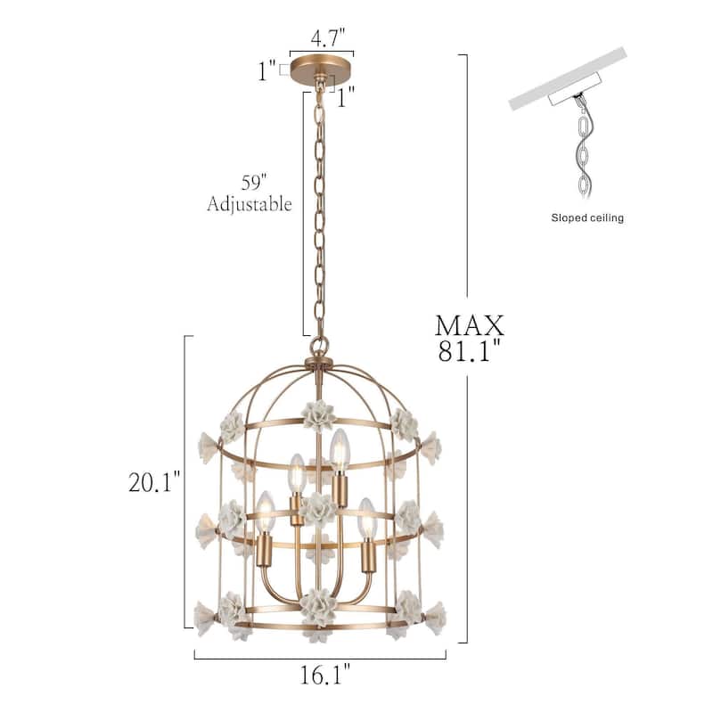 Veitchii Modern Glam Bird Cage Gold Chandelier 4-light with White Ceramic Gardenia