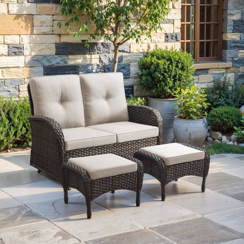 Pocassy 3 Pieces Glider Sofa Loveseat with Ottomans - Brown Wicker - Beige cushion