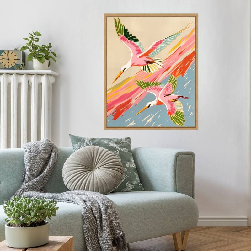 Roseate Spoonbills Sky Ballet by Uma Gokhale Framed Canvas Wall Art