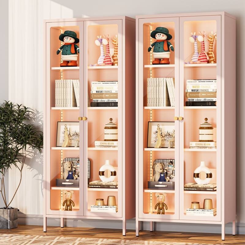 4/5-Tier Glass Curio Display Cabinet with Doors & Adjustable Storage Shelves