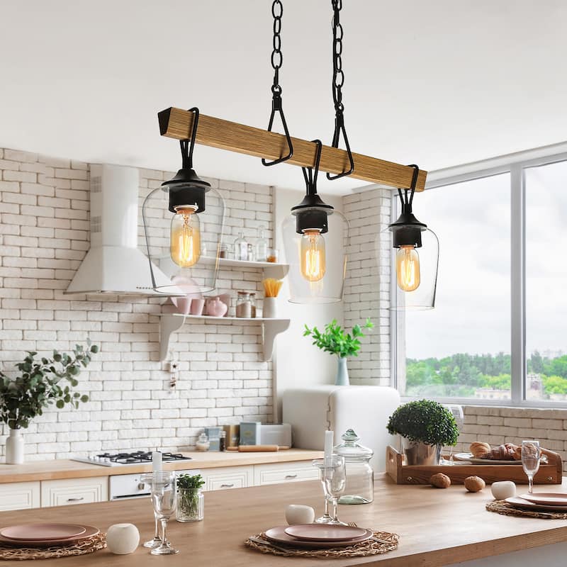 Farmhouse Rustic 3-light Linear Chandelier Clear Glass Island Lights for Dining Room