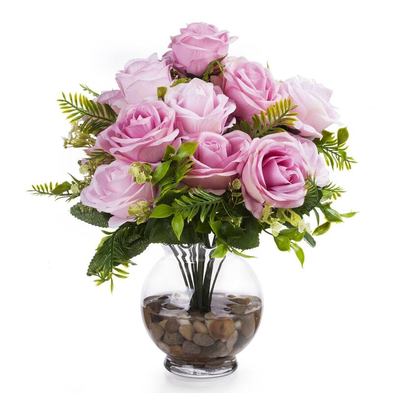Enova Home 18 Heads Silk Rose Flower in Clear Glass Vase With Faux Water and River Stone For Home Office Decoration - N/A