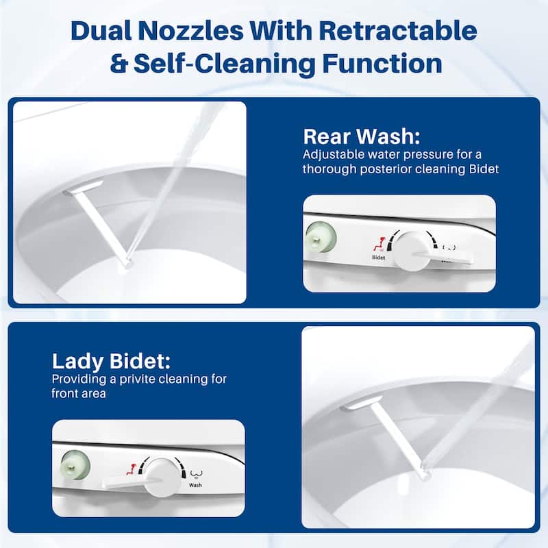 Non-Electric Quiet Close Bidet Seat for Elongated Toilets in White with Double Nozzles, Rinsing without Electricity - 20*15