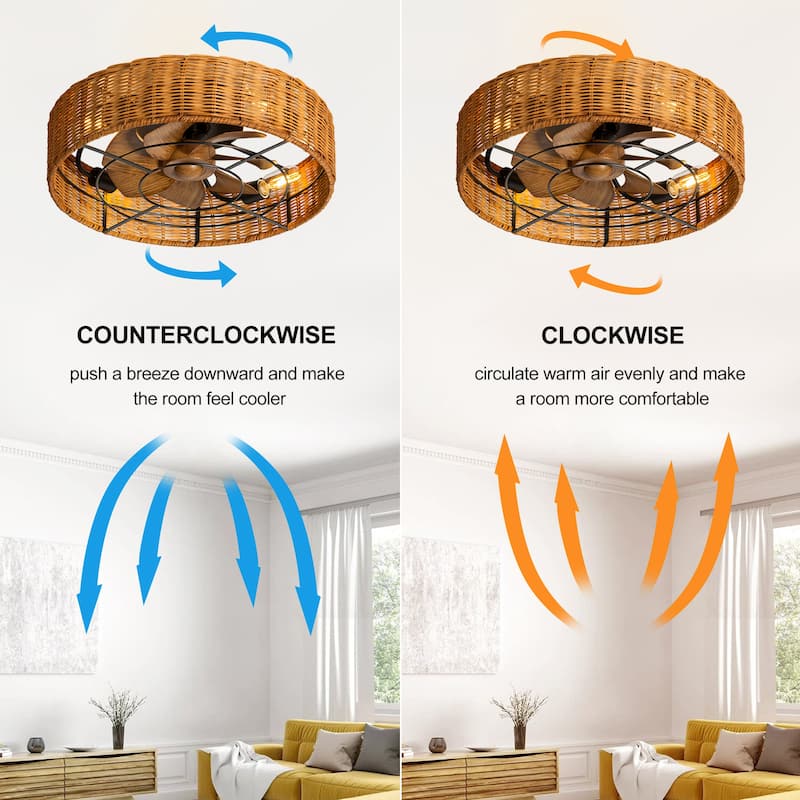 19-in Rattan Shade Low Profile Ceiling Fan with Remote Control
