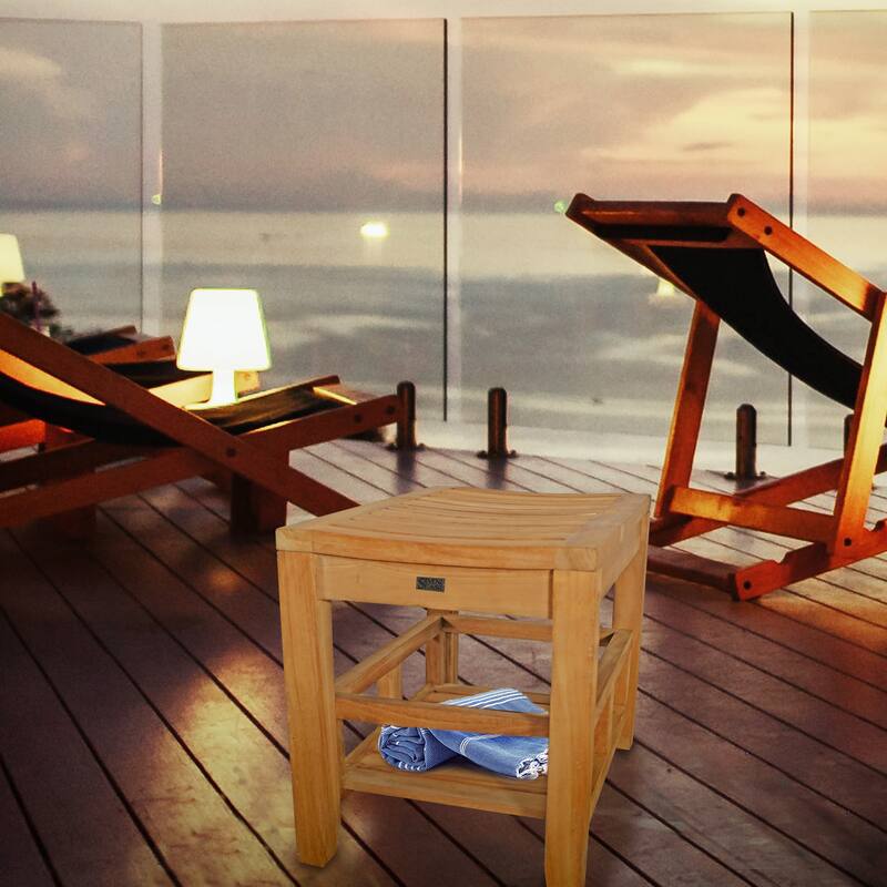 Seven Seas Teak Rustic Teak Wood Malibu Shower Stool With Shelf