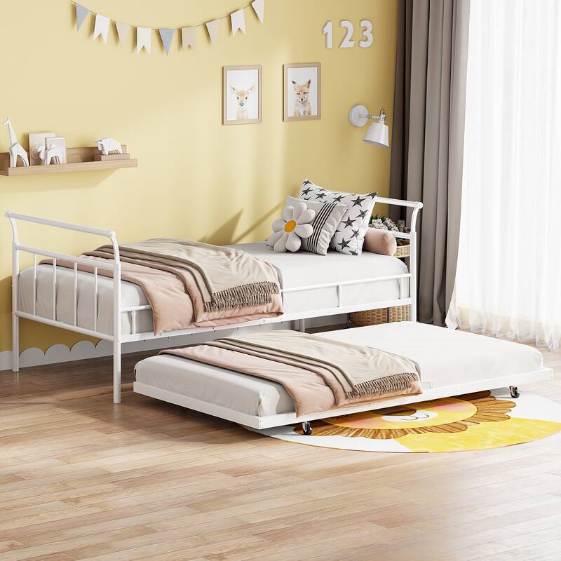 Twin Size Metal Daybed with Curved Handle & Twin Trundle - White - Twin