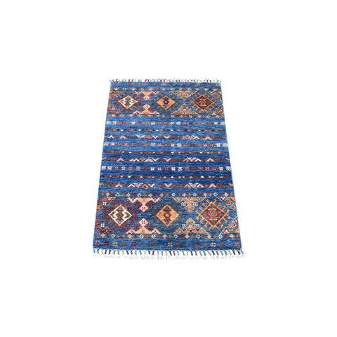 Hand Knotted Blue Kazak with Wool Oriental Rug (2' x 3'2") - 2' x 3'2"