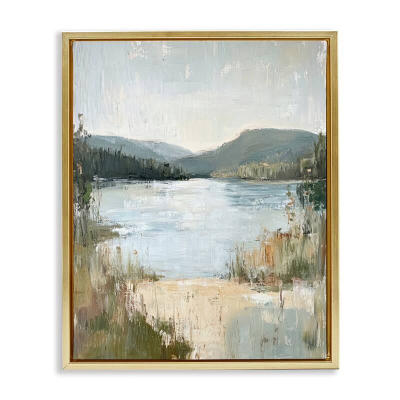 Stupell Abstract Lake Shore & Mountains Framed Floater Canvas Wall Art Design By Petal Prints Design - 17 x 21 - Gold