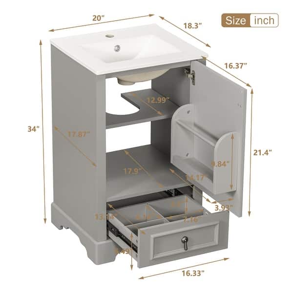 dimension image slide 1 of 15, GDFStudio - Lisa 20" Bathroom Vanity with Ceramic Sink, Soft-Close Door & Storage Rack