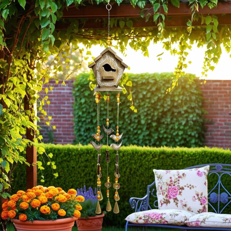 Wood Metal Hand Painted Birdhouse Chime Home Garden Decor - 38" Brown - 7" x 5" x 38"