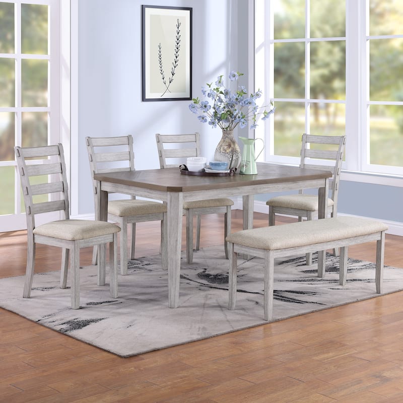 Minimalist 6-Piece Oak 60" Length Dining Set(1 Dining Table+4 Upholstered Chairs+1 Bench) - Brown-Grey
