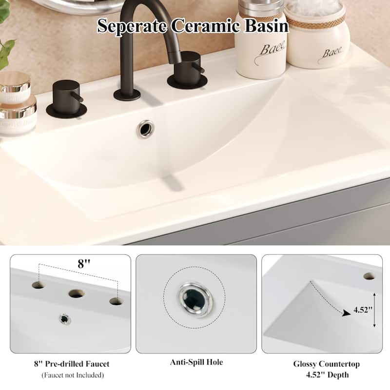 30" Freestanding Bathroom Vanity with Ceramic Sink - 2 Full-Extension Drawers, Soft-Close Slides & 45° Handle-Free Design