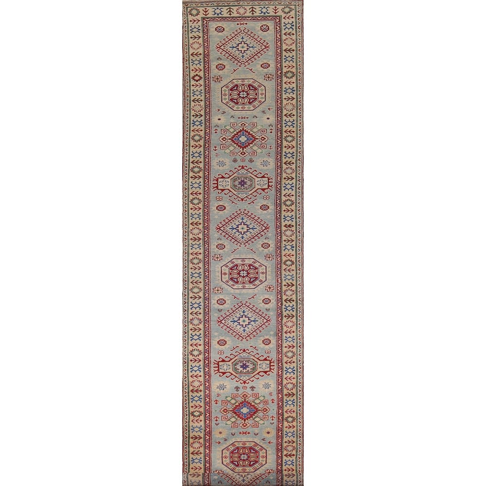 Geometric Kazak Oriental Runner Rug Hand-Knotted Grey Wool Carpet - 2'7" x 16'0"