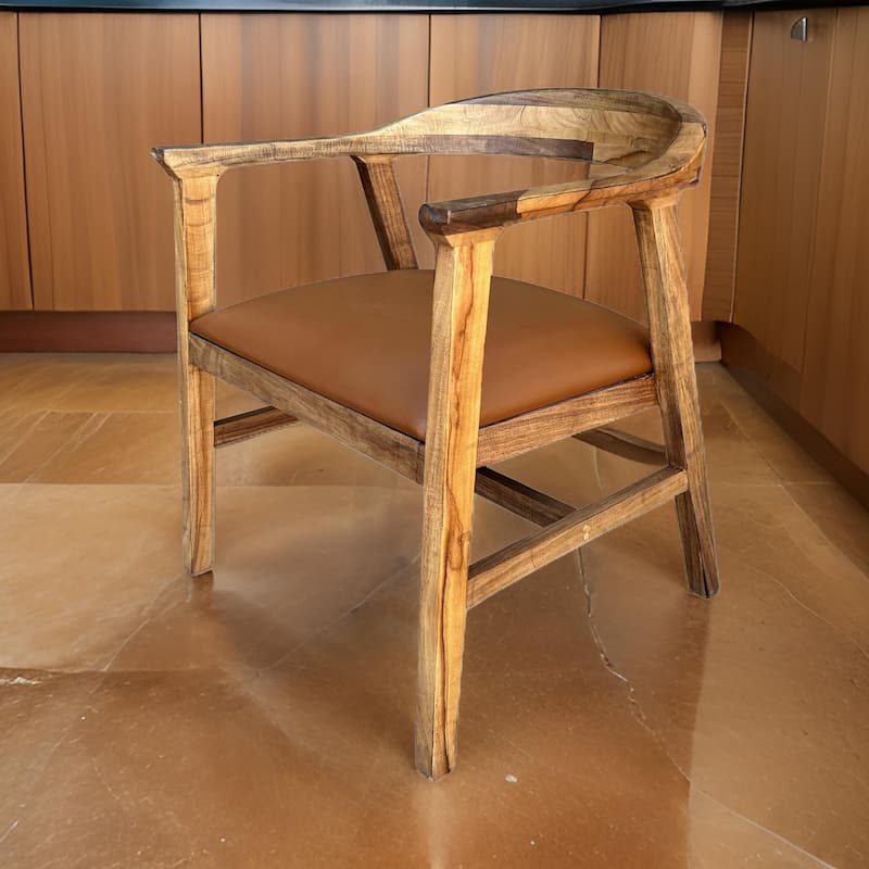 Asic 25 Inch Dining Chair, Vinyl Fabric Seat, Curved Back, Brown Pine Wood
