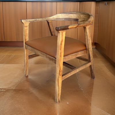 Asic 25 Inch Dining Chair, Vinyl Fabric Seat, Curved Back, Brown Pine Wood