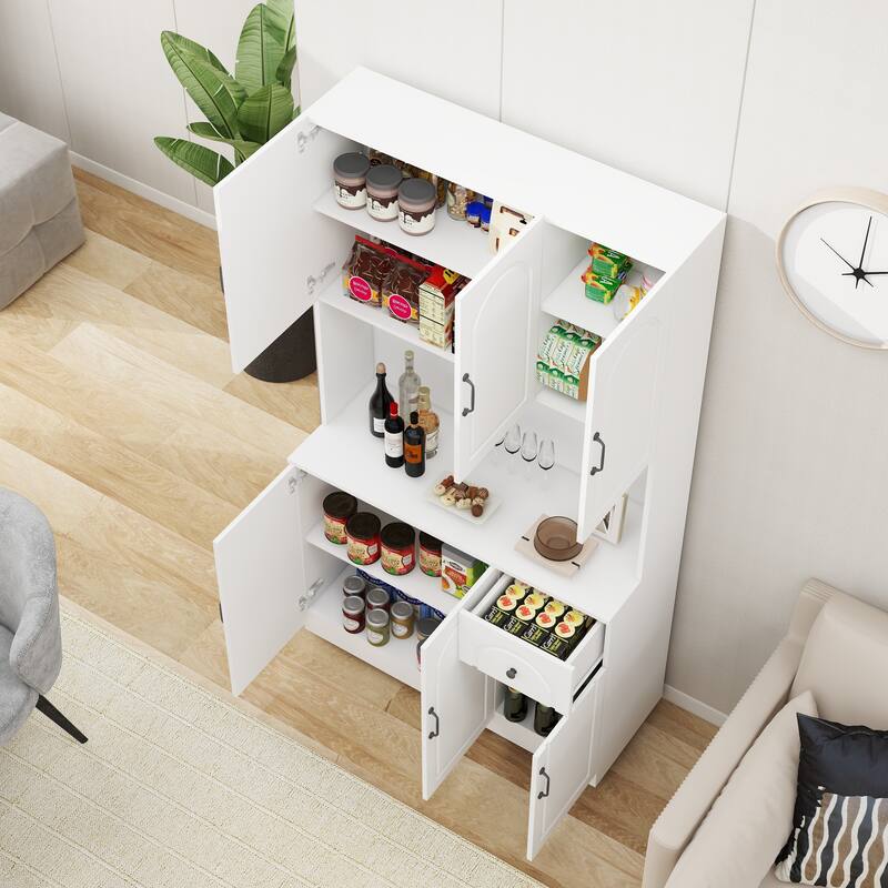 71" Kitchen Pantry Storage Cabinet with Microwave Oven Countertop, Freestanding Hutch Cabinet with Adjustable Shelves