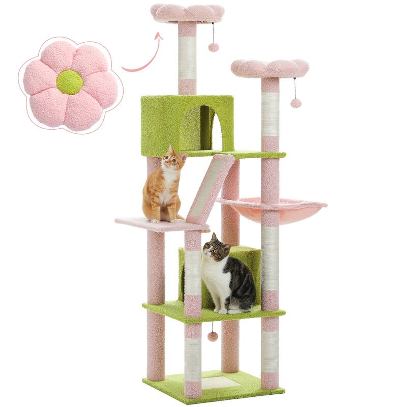 Multi-Level Indoor Large Cat Tree Scratching Post with 2 Perches, 2 Condos, Hammock and 2 Pompoms - Pink