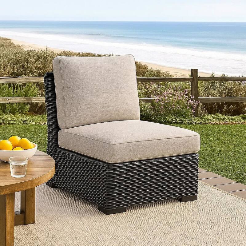 Tira Outdoor Modular Armless Chair, Black Woven Wicker, Gray Nuvella