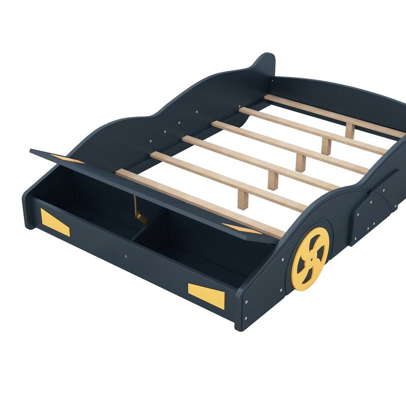 Twin/Full Size Race Car-Shaped Platform Bed with Wheels and Storage
