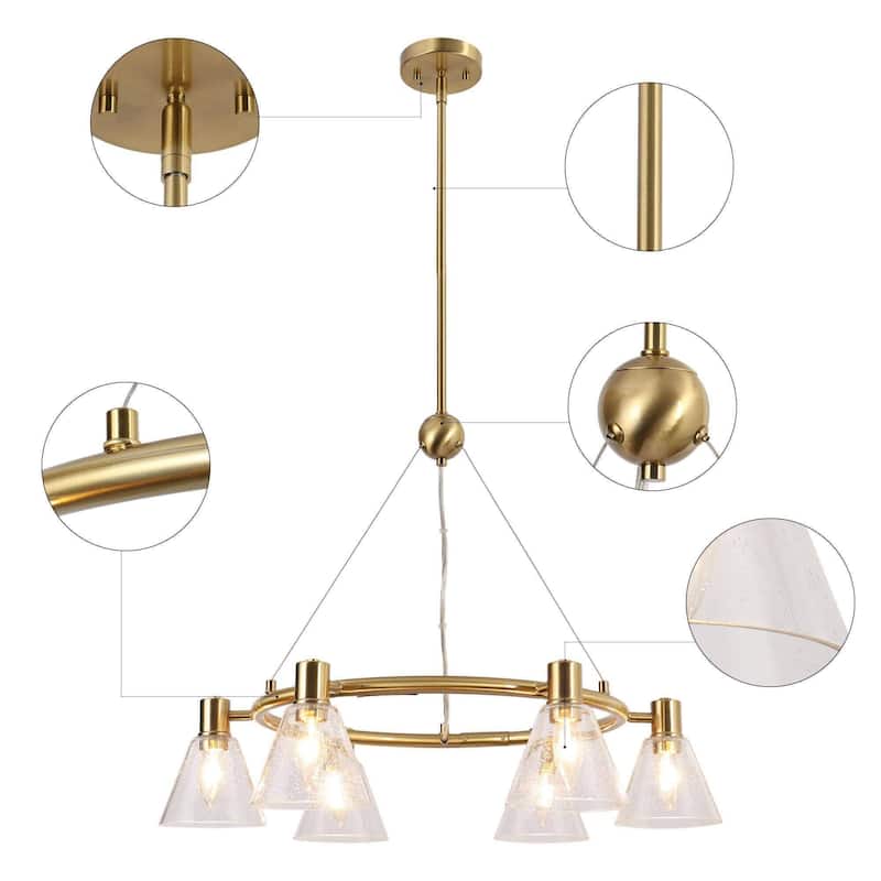 Veyra Modern 6-Light Gold Wagon Wheel Chandelier with Seeded Glass Shades - Brushed Electroplated Copper - Dia.27"xH21"