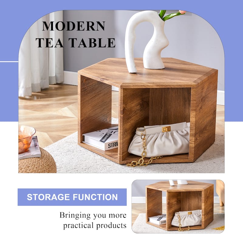 Hexagonal Coffee Table with Open Storage Space Multifunctional Wooden Side Table Small Apartment Center Table