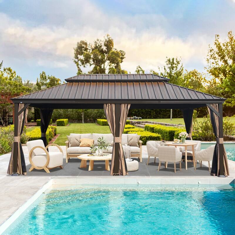 14' X 22' Hardtop Gazebo with Drainage System, Galvanized Steel Roof, Curtains & Netting for Outdoor Patio, Garden Shelter