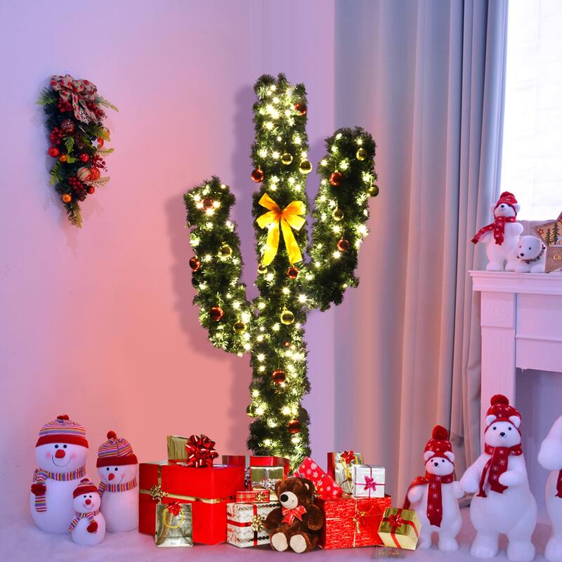 Gymax 5ft Artificial Pre-Lit Cactus Christmas Tree w/ Metal Stand Ball - See Details
