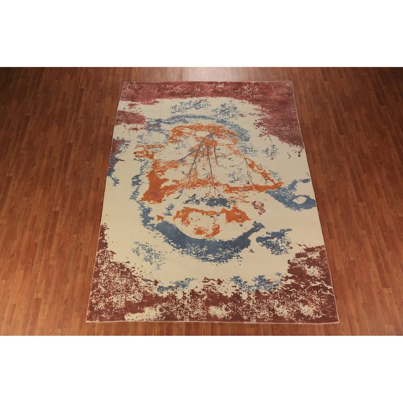 Pictorial Modern Abstract Indian Area Rug Hand-Knotted Wool Carpet - 8'1"x 10'11"